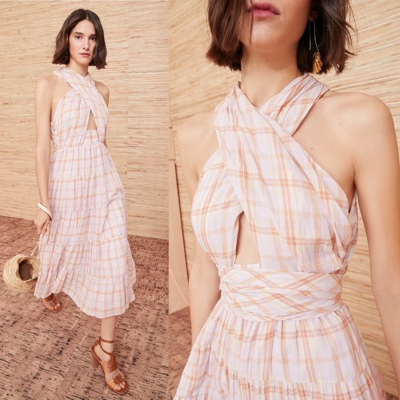 ULLA JOHNSON Noelle Crossover Halter Back-Tie Midi Plaid Dress NEW - Picture 2 of 14